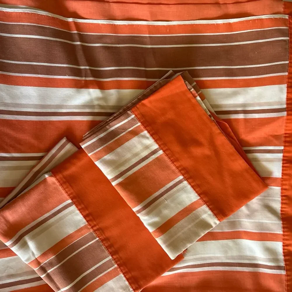 Vintage 1970s Striped Sheet Set Twin Full 1 Flat Sheet 2 Pillowcases Orange 70s